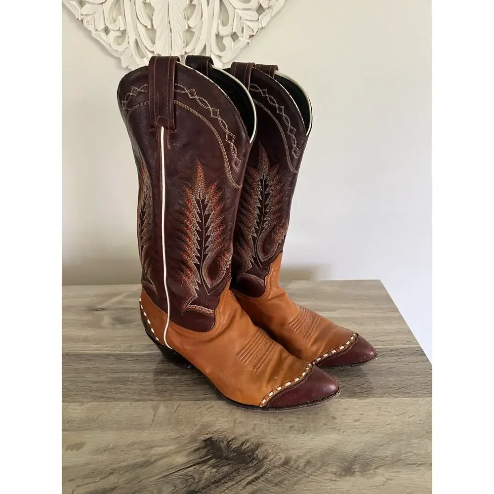 Tony Lama Vintage Brown Embroidered Cowboy Boots Size 6.5 1028 L Western